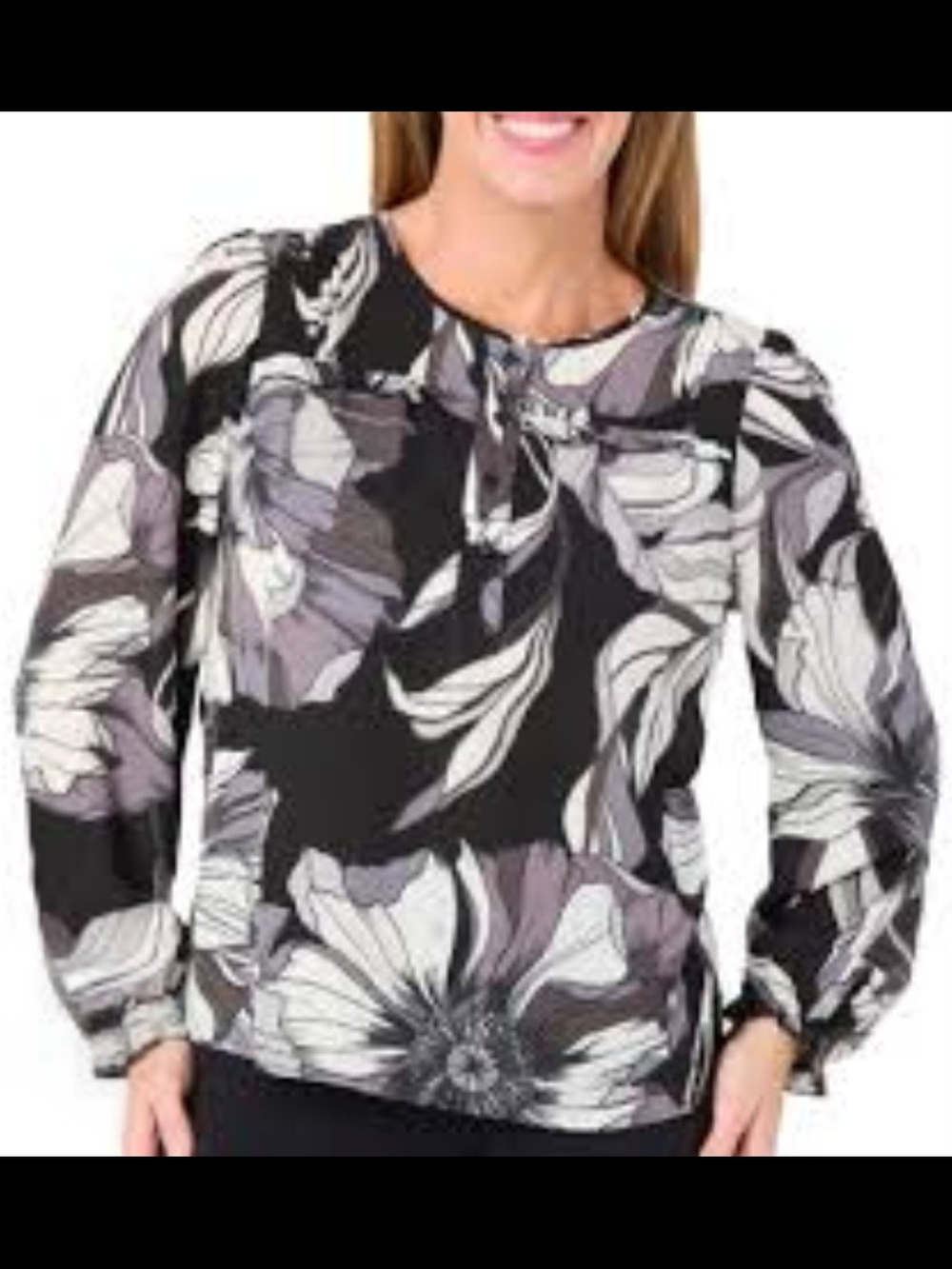 Zac & Rachel Black, White & Gray Floral Keyhole Blouse